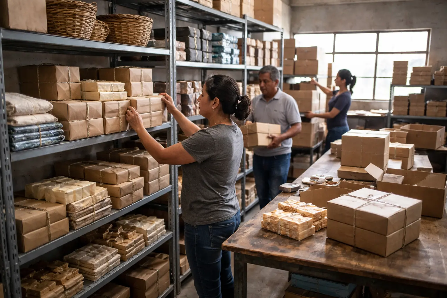 görme engelli bireylerin kooperatif deposunda paketlenmiş ürünleri raflara yerleştirdiği sahne