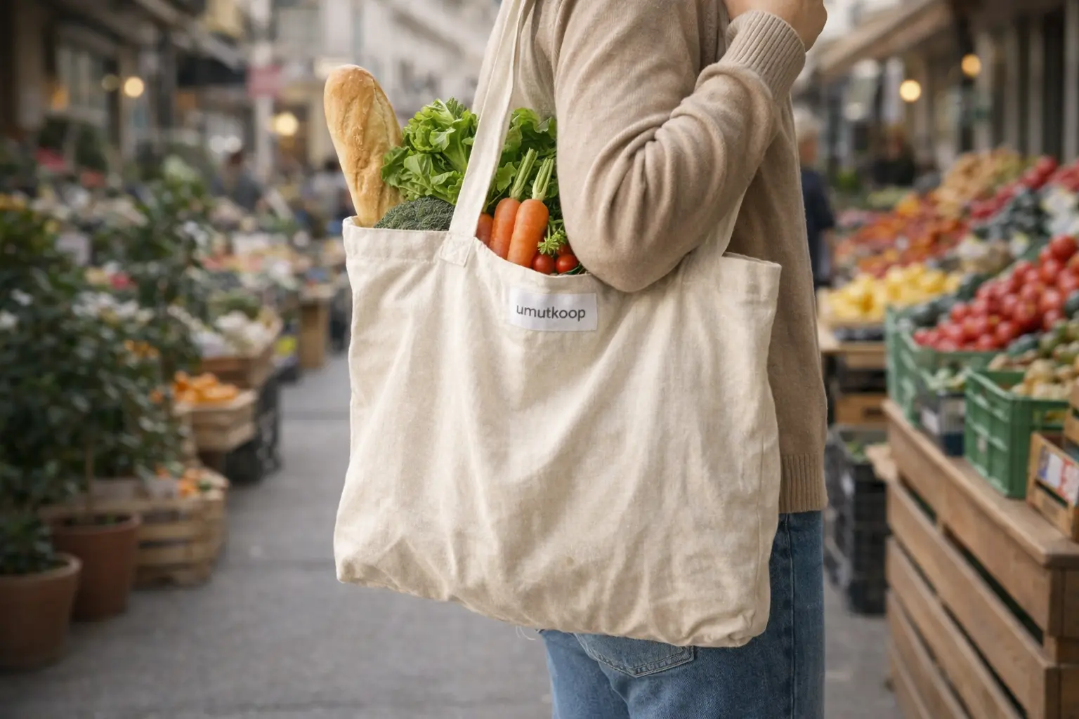 Market alışverişinde sebze ve ekmek taşıyan bez çanta kullanan kişi