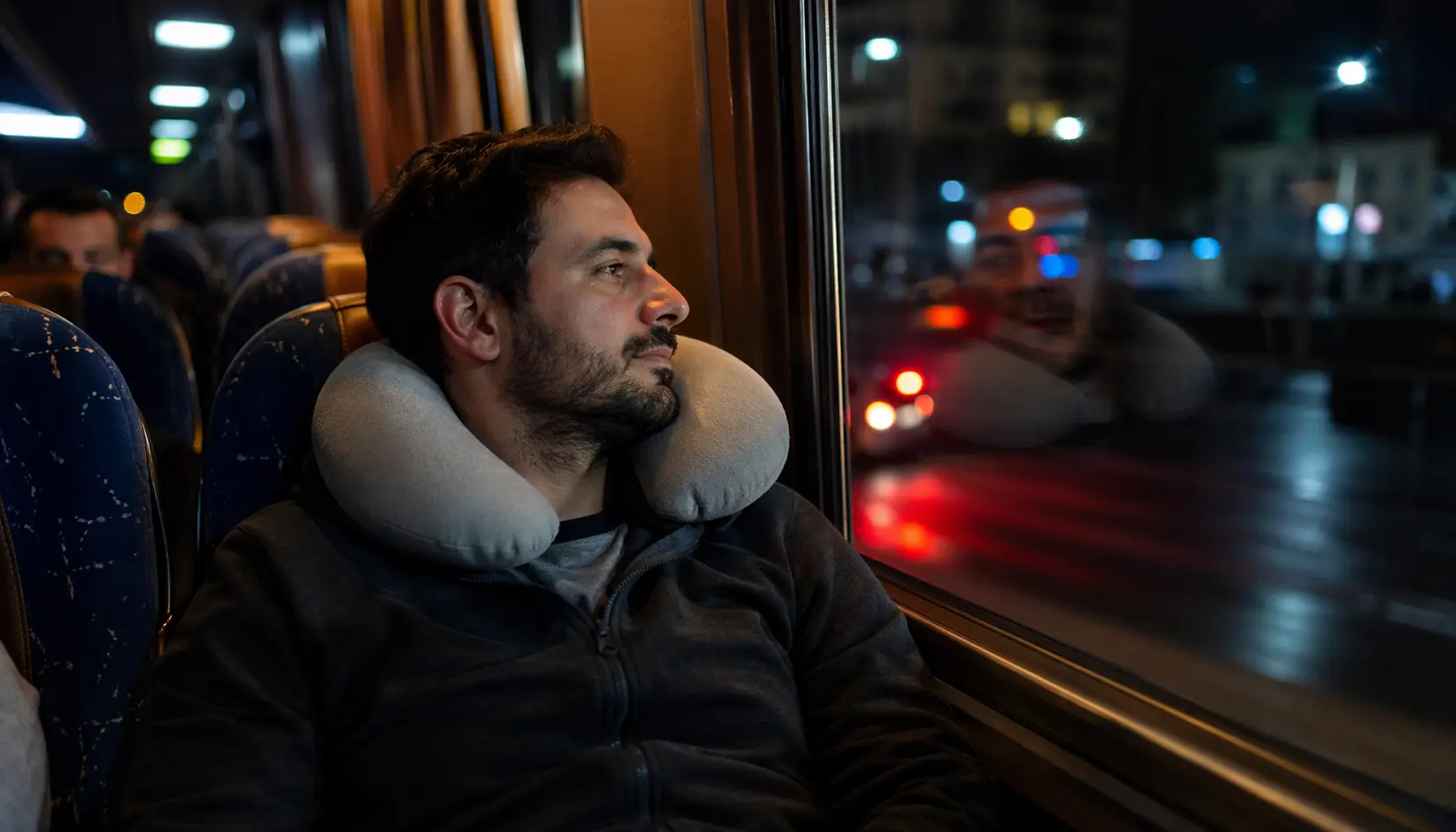 Gece otobüs yolculuğunda U yastık kullanan yolcu