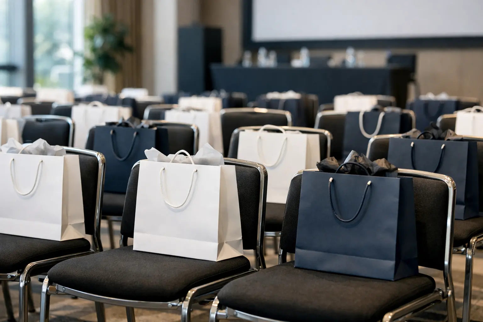 seminer salonunda koltuklara bırakılmış promosyon çantaları