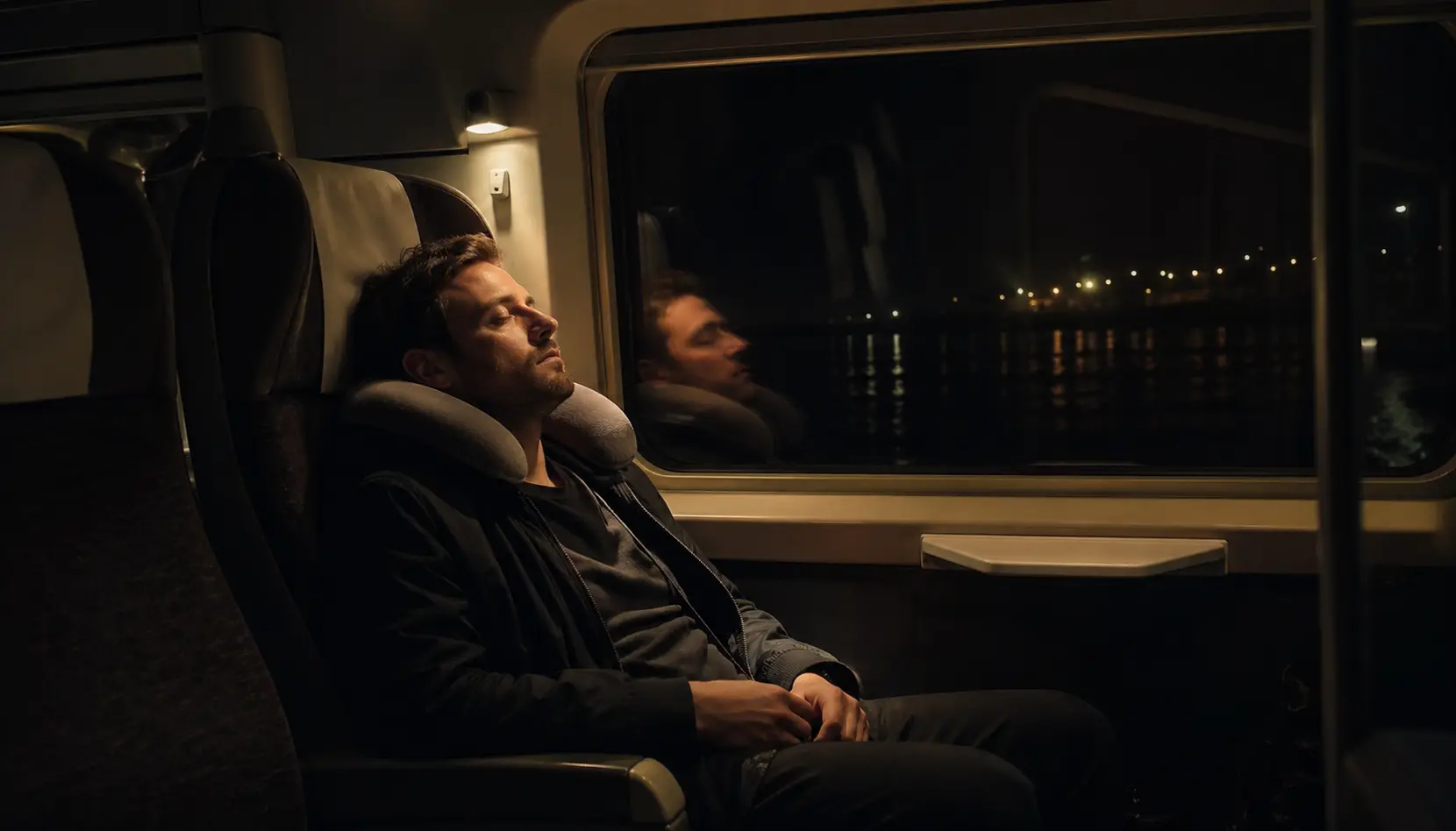 tren vagonunda u yastık ile oturan yolcu gece seyahati